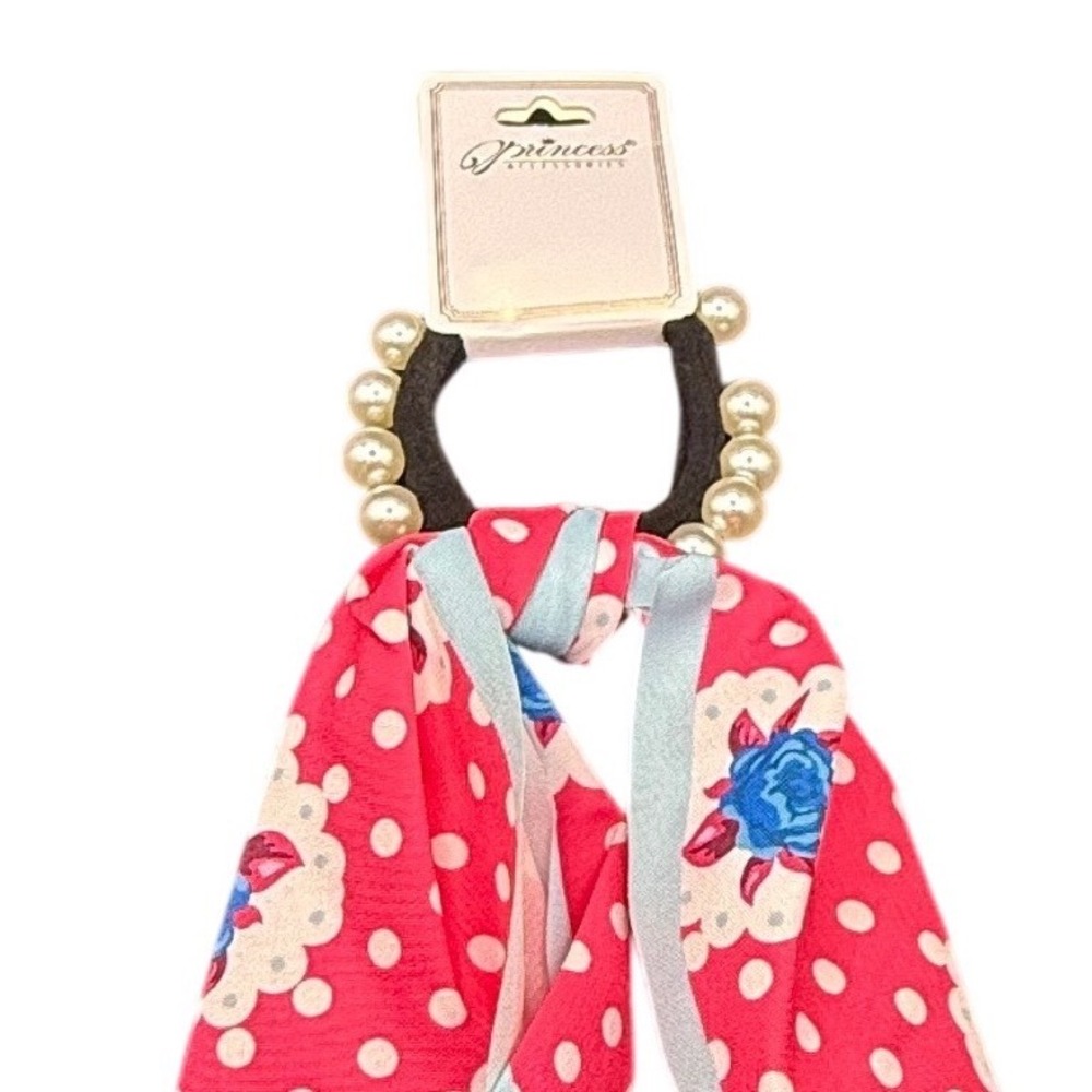 Princess Accessories Red Polka Dot Floral Scarf Scrunchie Pearl‎ Accents NEW